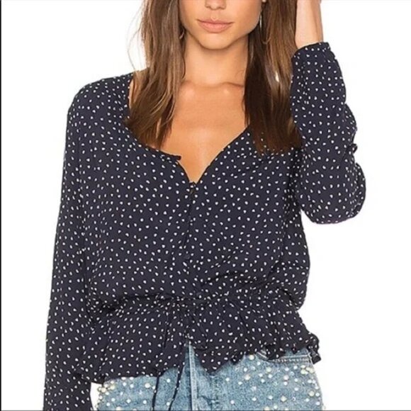 Rails Tops - Rails Black White Heart Print Long Sleeve V-Neck Button Front Ruffle Hem Blouse